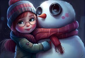 linda niña abrazando un monigote de nieve a noche. ai generado foto