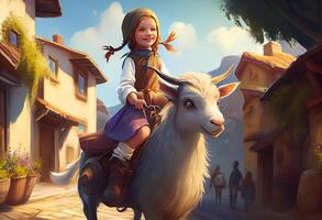 girl rides on a goat in the city. photo