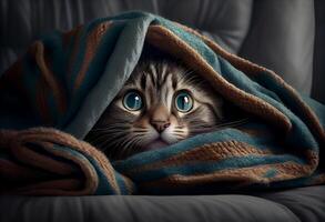 linda gato envuelto en un cobija a mantener cálido. ai generado foto