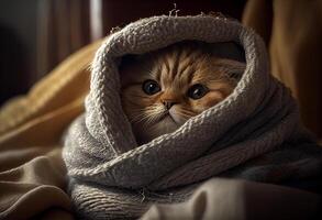 cute cat wrapped in a blanket to keep warm. photo