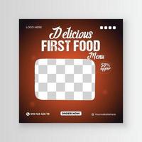 Delicious burger and first food menu social media post design within Fresh food menu vector