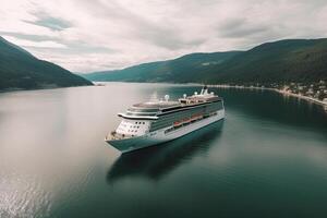 grande crucero Embarcacion en fiordos turismo vacaciones y verano de viaje. generativo ai foto