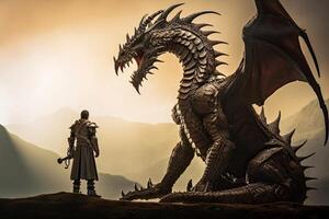 Man stands in front of huge dragon, fantasy world. photo