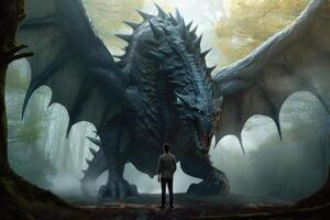 Man stands in front of huge dragon, fantasy world. photo