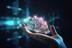 Hand touching digital data network. Communication with artificial intelligence. photo
