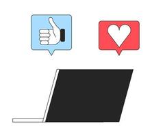 Laptop with positive feedback notifications black and white concept vector spot illustration. Editable 2D flat monochrome cartoon object for web design. Social media line art idea for website, mobile