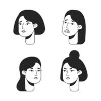 Women expressing disappointment monochromatic flat vector character faces pack. Black and white avatar icons. Editable cartoon user portraits. Hand drawn spot illustrations for web graphic design