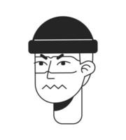 Irked male delinquent monochromatic flat vector character head. Black and white avatar icon. Editable cartoon user portrait. Simple lineart ink spot illustration for web graphic design and animation