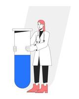 prueba en médico laboratorio plano línea concepto vector Mancha ilustración. médico con muestra tubo 2d dibujos animados personaje en blanco para web ui diseño. editable héroe imagen para sitio web aterrizajes, móvil encabezados