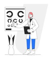 oftalmología clínica plano línea concepto vector Mancha ilustración. optometrista comprobación vista 2d dibujos animados personaje en blanco para web ui diseño. editable héroe imagen para sitio web aterrizajes, móvil encabezados