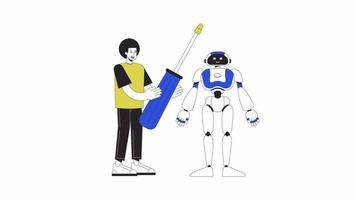 Robotik Ingenieurwesen Animation. animiert Roboter, mechanisch Ingenieur mit Werkzeug 2d Karikatur eben Farbe Linie Figuren. 4k Video Konzept Aufnahmen auf Weiß mit Alpha Kanal Transparenz zum Netz Design
