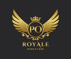 Golden Letter PO template logo Luxury gold letter with crown. Monogram alphabet . Beautiful royal initials letter. vector