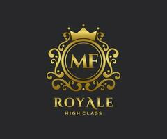 Golden Letter MF template logo Luxury gold letter with crown. Monogram alphabet . Beautiful royal initials letter. vector