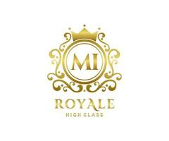 Golden Letter MI template logo Luxury gold letter with crown. Monogram alphabet . Beautiful royal initials letter. vector