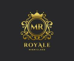 Golden Letter MR template logo Luxury gold letter with crown. Monogram alphabet . Beautiful royal initials letter. vector