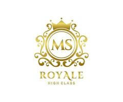 Golden Letter MS template logo Luxury gold letter with crown. Monogram alphabet . Beautiful royal initials letter. vector