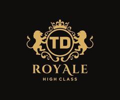 Golden Letter TD template logo Luxury gold letter with crown. Monogram alphabet . Beautiful royal initials letter. vector