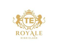 Golden Letter TE template logo Luxury gold letter with crown. Monogram alphabet . Beautiful royal initials letter. vector