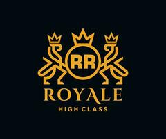 Golden Letter RR template logo Luxury gold letter with crown. Monogram alphabet . Beautiful royal initials letter. vector