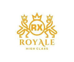 Golden Letter RX template logo Luxury gold letter with crown. Monogram alphabet . Beautiful royal initials letter. vector