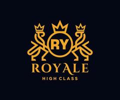 Golden Letter RY template logo Luxury gold letter with crown. Monogram alphabet . Beautiful royal initials letter. vector