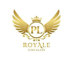 Golden Letter PL template logo Luxury gold letter with crown. Monogram alphabet . Beautiful royal initials letter. vector