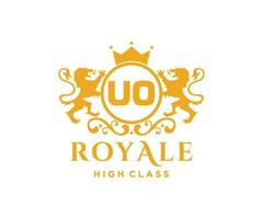 Golden Letter UO template logo Luxury gold letter with crown. Monogram alphabet . Beautiful royal initials letter. vector