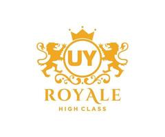 Golden Letter UY template logo Luxury gold letter with crown. Monogram alphabet . Beautiful royal initials letter. vector