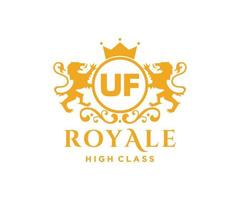 Golden Letter UF template logo Luxury gold letter with crown. Monogram alphabet . Beautiful royal initials letter. vector