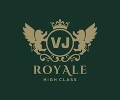 Golden Letter VJ template logo Luxury gold letter with crown. Monogram alphabet . Beautiful royal initials letter. vector