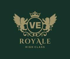 Golden Letter VE template logo Luxury gold letter with crown. Monogram alphabet . Beautiful royal initials letter. vector