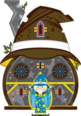 Cute Cartoon Magical Wizard Outside the Hat House Illustration