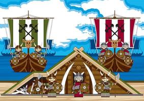 Cartoon Viking Warriors on the Beach with Longboats Norse History Illustration vector