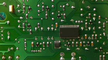 printed circuit board boards with electronic components, panorama, motion video