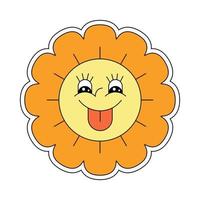 Hippie groovy chamomile smiley character good vibes. Retro daisy flower head joyful mascot shows tongue. Positive nostalgic vintage cartoon style plant. Trendy y2y pop culture floral vector eps design