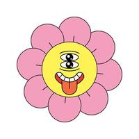 Hippie groovy chamomile smiley strange character good vibes. Retro daisy flower head crazy mascot shows tongue. Psychedelic positive nostalgic vintage cartoon plant. Trendy y2y pop culture floral. EPS vector