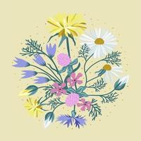 Vector isolated illustration of wildflowers. Dandelions, cornflower and wild carnation in a circle.