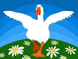 Vector bright illustration with goose running on a field of camomiles.