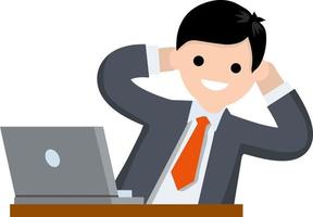 Successful businessman in suit. Gesture with hand behind head. Rest at work with computer on table. Happy man in tie. Business or pleasure. Cartoon flat illustration vector