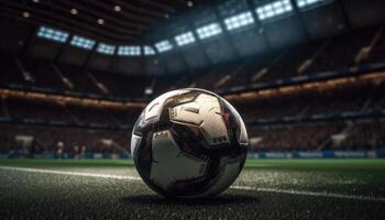 Soccer ball standing in the middle of the soccer field under the evening spotlights. photo