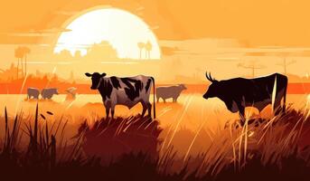 vacas pasto en un granja con luz de sol, granja paisaje ilustración con generativo ai foto