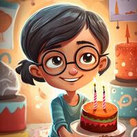 un niña es participación un pastel mientras celebrando un cumpleaños, dibujos animados ilustración con generativo ai foto