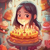 un niña es participación un pastel mientras celebrando un cumpleaños, dibujos animados ilustración con generativo ai foto