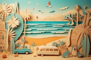 Summer travel vacation beach holidays concept. Retro paper art collage. photo