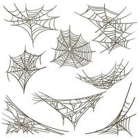 A set of cobwebs. Terrible Gothic silhouettes in the form of a spider web for Halloween decoration, a creepy network. Vector isolated collection. Scary hanging trap for a festive frame on white