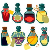 poción botellas con magia elixir y etiquetas, dibujos animados vaso matraces con desconocido bruja venenos vector ilustración de de alquimia viales dibujado a mano. bruja pociones para Víspera de Todos los Santos magia. colección de vaso