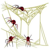 Spider web background for Halloween greeting cards on a white background. A black and red spider on a yellow cobweb hunts and weaves nets. Spiders from different sides. Dangerous spider and cobweb vector