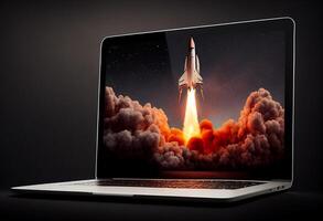 Rocket coming out of a laptop screen on a dark background. 3d rendering. photo