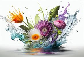 Colorful flowers in water isolated on white background. Watercolor painting photo