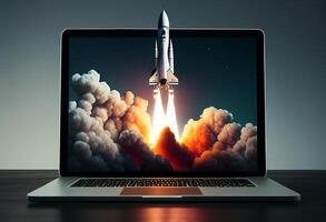 Rocket coming out of a laptop screen on a dark background. 3d rendering. generative ai photo